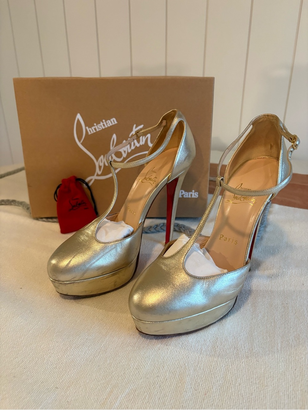 Christian Louboutin Gold Metallic T-Strap Platform Pumps - Picture 4 of 7